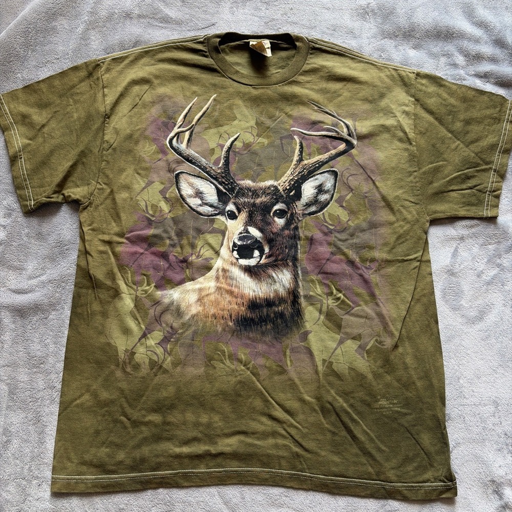 VTG Y2K 2005 The Mountain Deer Buck Print Short Sleeve T-Shirt Large Adult Green